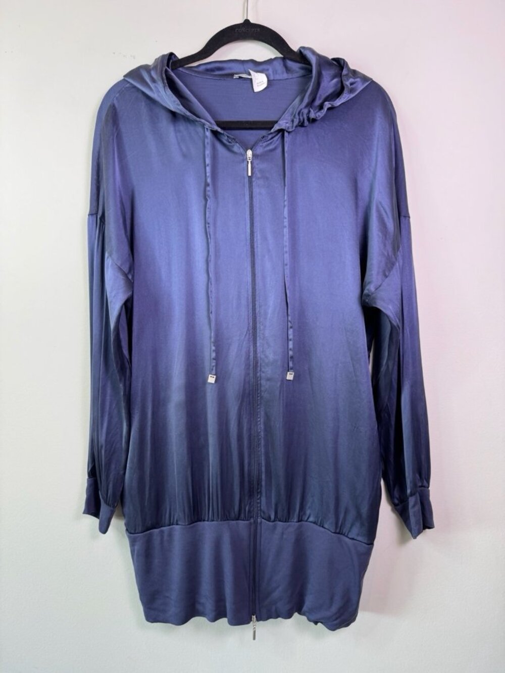 Intimissimi Navy Blue Silk Parka Hoodie Full Zip Hood Women Medium